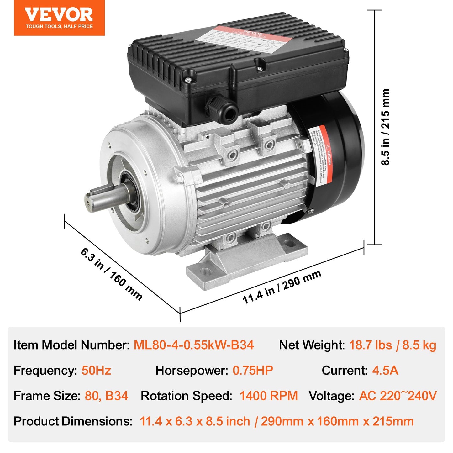 0.55KW electric motor 1400RPM AC 220~240V 4.5A 1-phase 19mm spline shaft