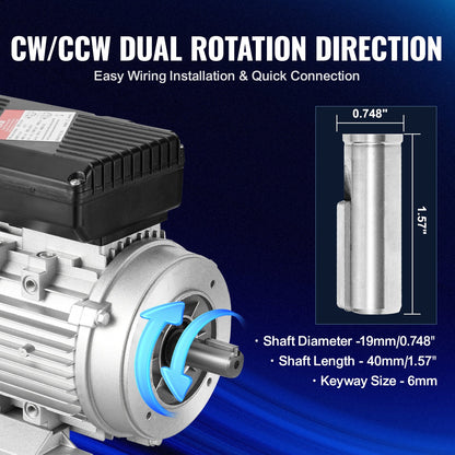 0.75KW Electric Motor 1400 RPM AC 220~240V 5.45A 1-Phase 19mm Spline Shaft