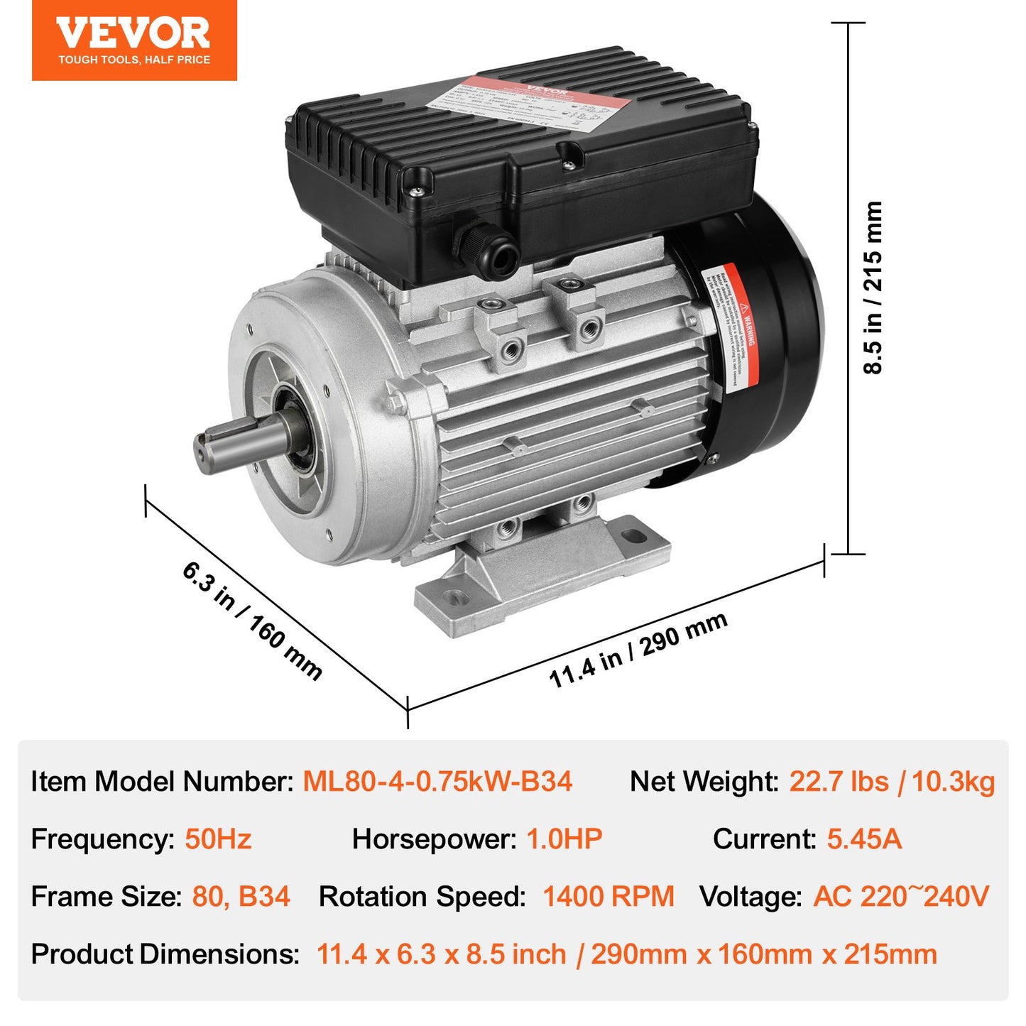 0.75KW Electric Motor 1400 RPM AC 220~240V 5.45A 1-Phase 19mm Spline Shaft