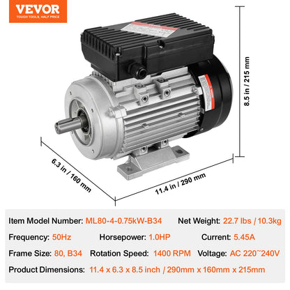 0.75KW Electric Motor 1400 RPM AC 220~240V 5.45A 1-Phase 19mm Spline Shaft