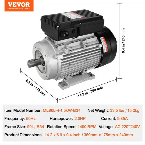 1,5 kW Elektromotor 1400 U/min AC 220~240 V 9,85 A 1-phasig 24 mm Keilwelle | EU