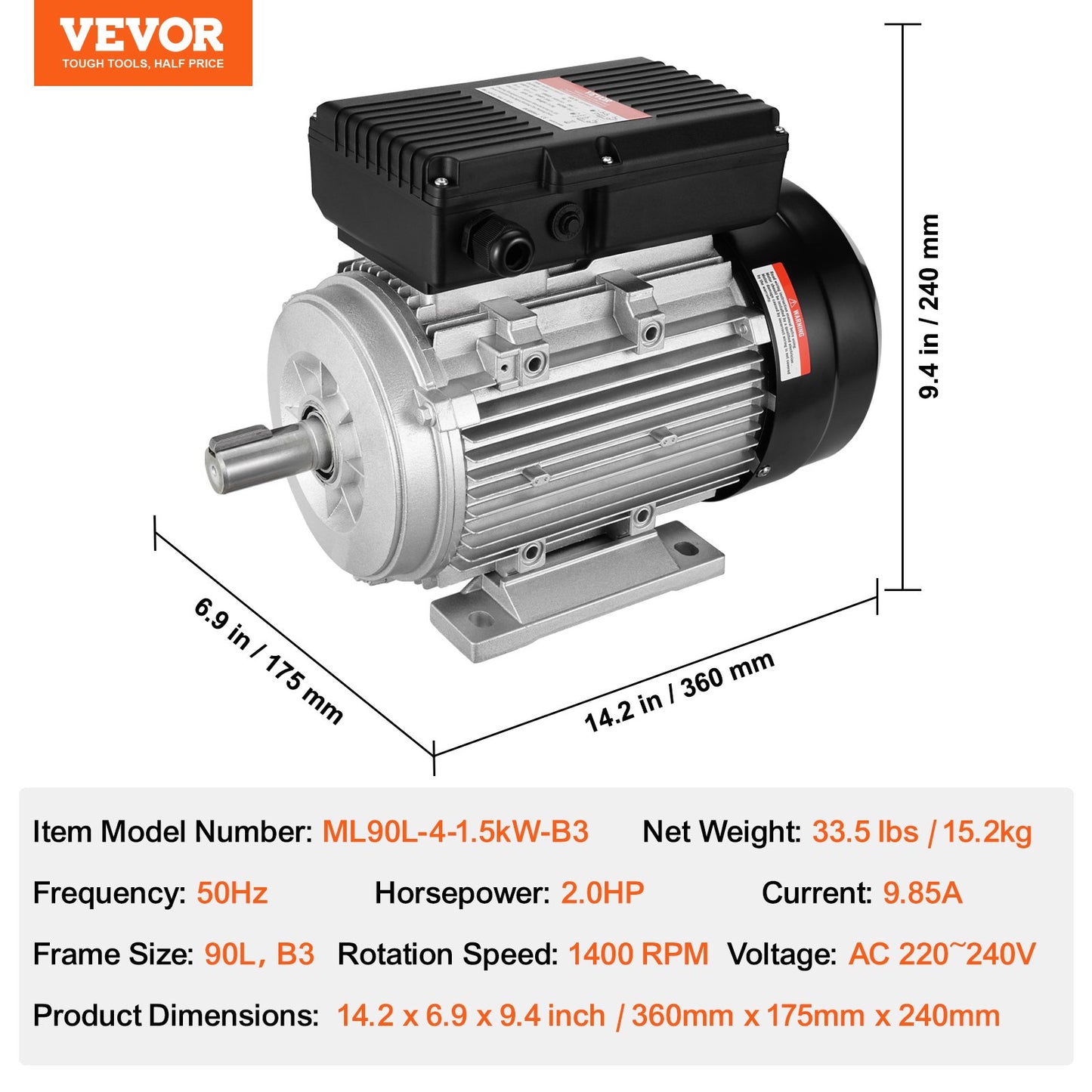 1,5 kW Elektromotor 1400 U/min AC 220~240 V 9,85 A 1-phasig 24 mm Keilwelle