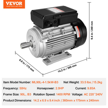 1,5 kW Elektromotor 1400 U/min AC 220~240 V 9,85 A 1-phasig 24 mm Keilwelle