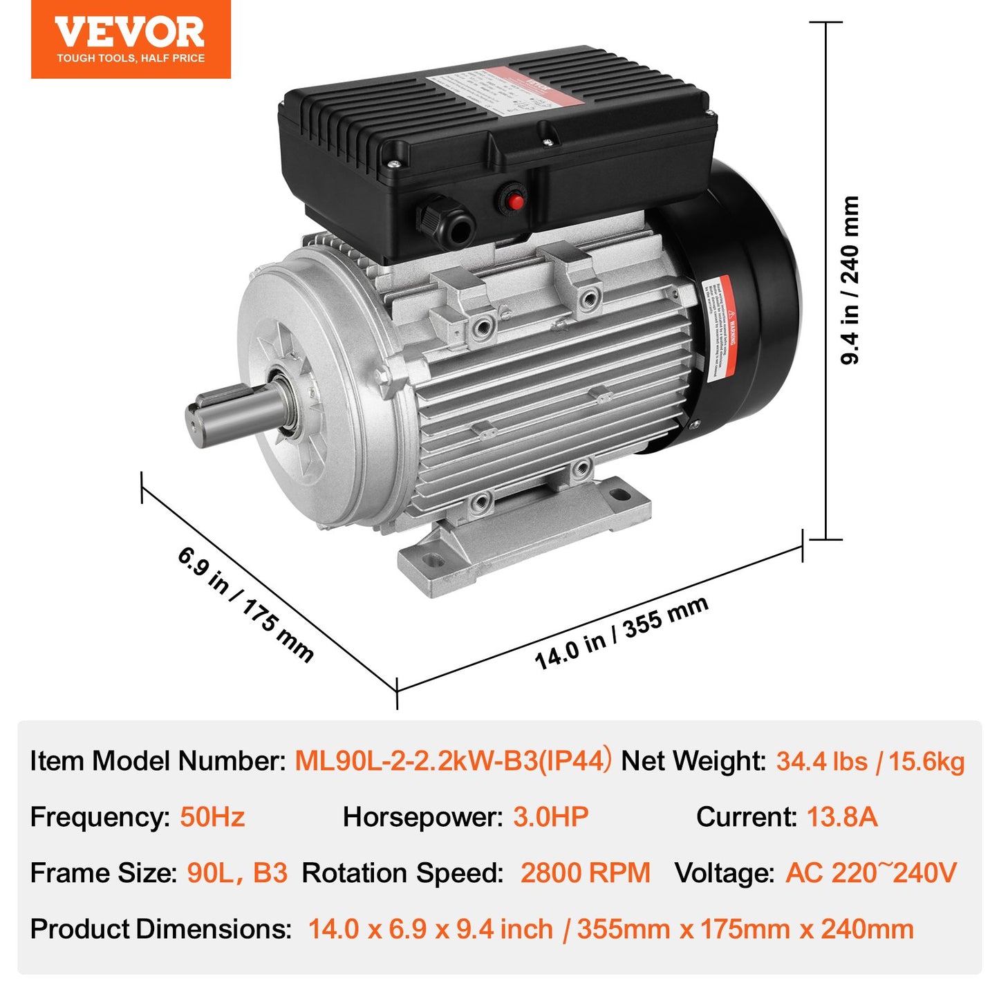 2,2 kW Elektromotor 2800 U/min AC 220~240 V 13,8 A 1-phasig 24 mm Keilwelle