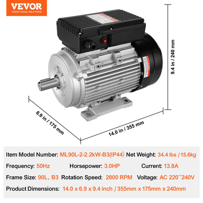 2,2 kW Elektromotor 2800 U/min AC 220~240 V 13,8 A 1-phasig 24 mm Keilwelle