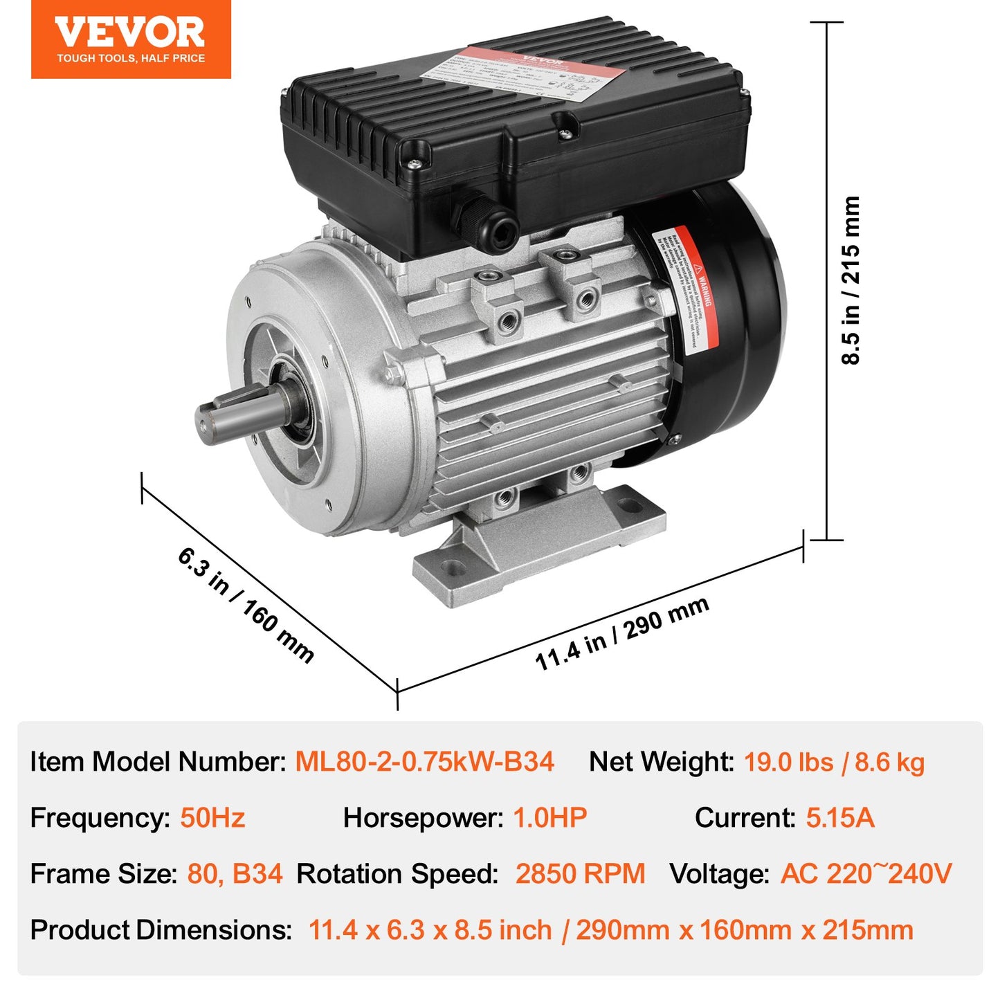 2,2 kW Elektromotor 2800 U/min AC 220~240 V 13,8 A 1-phasig 24 mm Keilwelle