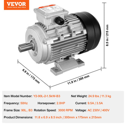 1,5KW Elektromotor 3000 U/min AC230/400V 9,5A/3,5A 3-phasig 24mm Keilwelle