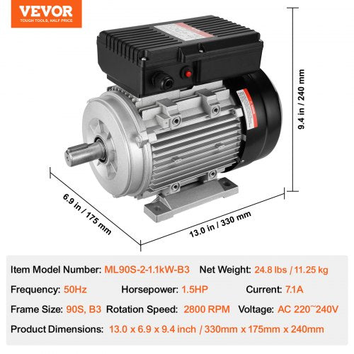 1.1KW electric motor 2800 rpm AC 220~240V 7.1A 1-phase 24 mm spline shaft | EU