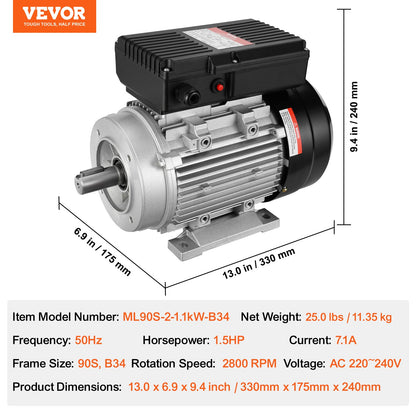 1,1 kW Elektromotor 2800 U/min AC 220~240 V 7,1 A 1-phasig 24 mm Keilwelle