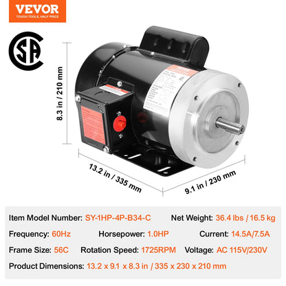 1HP Electric Motor 1725 rpm, AC 115V/230V, 56C Frame, Air Compressor Motor Single Phase, 5/8" Keyed Shaft, CW/CCW Rotation for Agricultural Machinery and General Equipment
