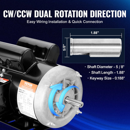 1.5HP Electric Motor 3450 rpm, AC 115V/230V, 56 Frame, Air Compressor Motor Single Phase, 5/8" Keyed Shaft, CW/CCW Rotation for Agricultural Machinery and General Equipment