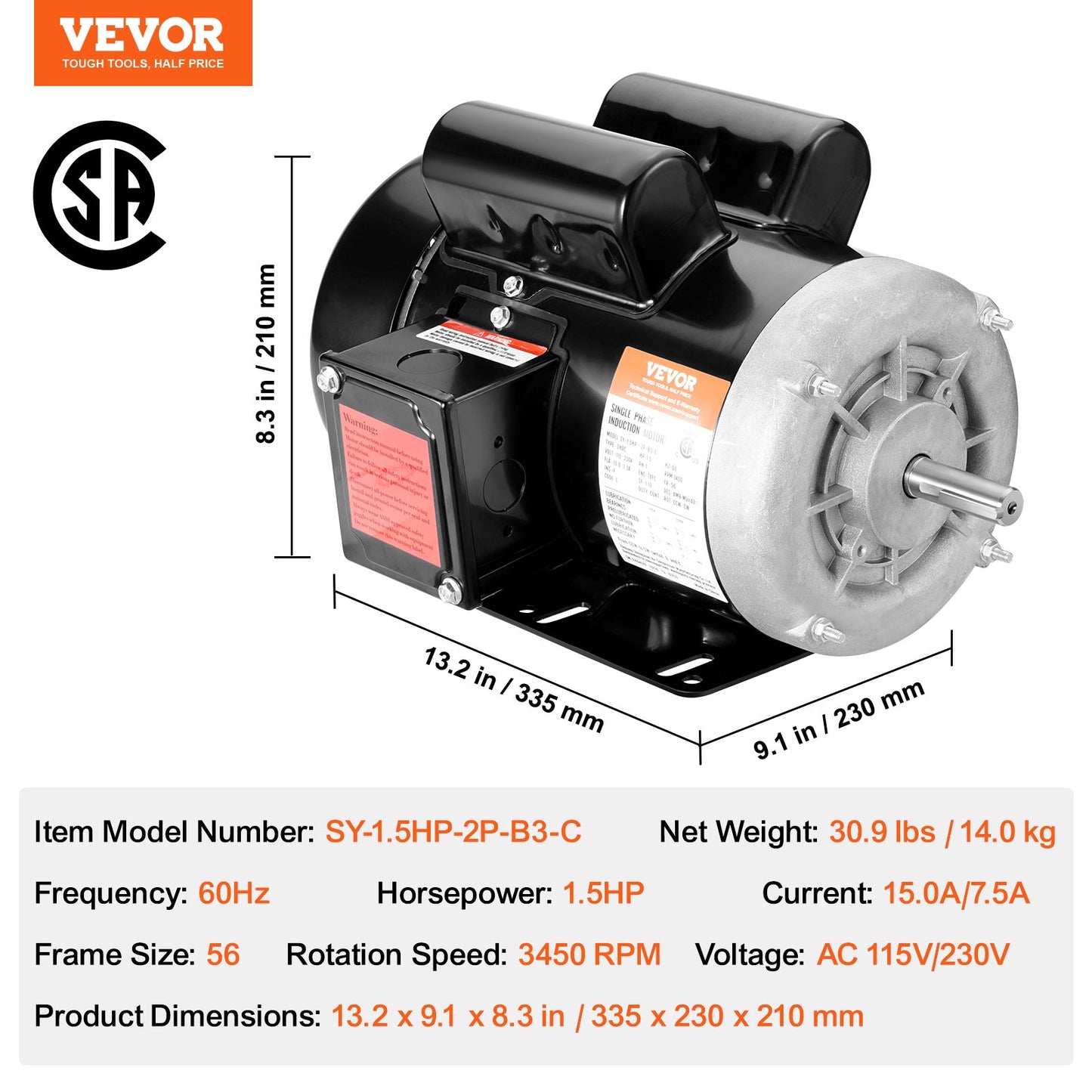 1.5HP Electric Motor 3450 rpm, AC 115V/230V, 56 Frame, Air Compressor Motor Single Phase, 5/8" Keyed Shaft, CW/CCW Rotation for Agricultural Machinery and General Equipment