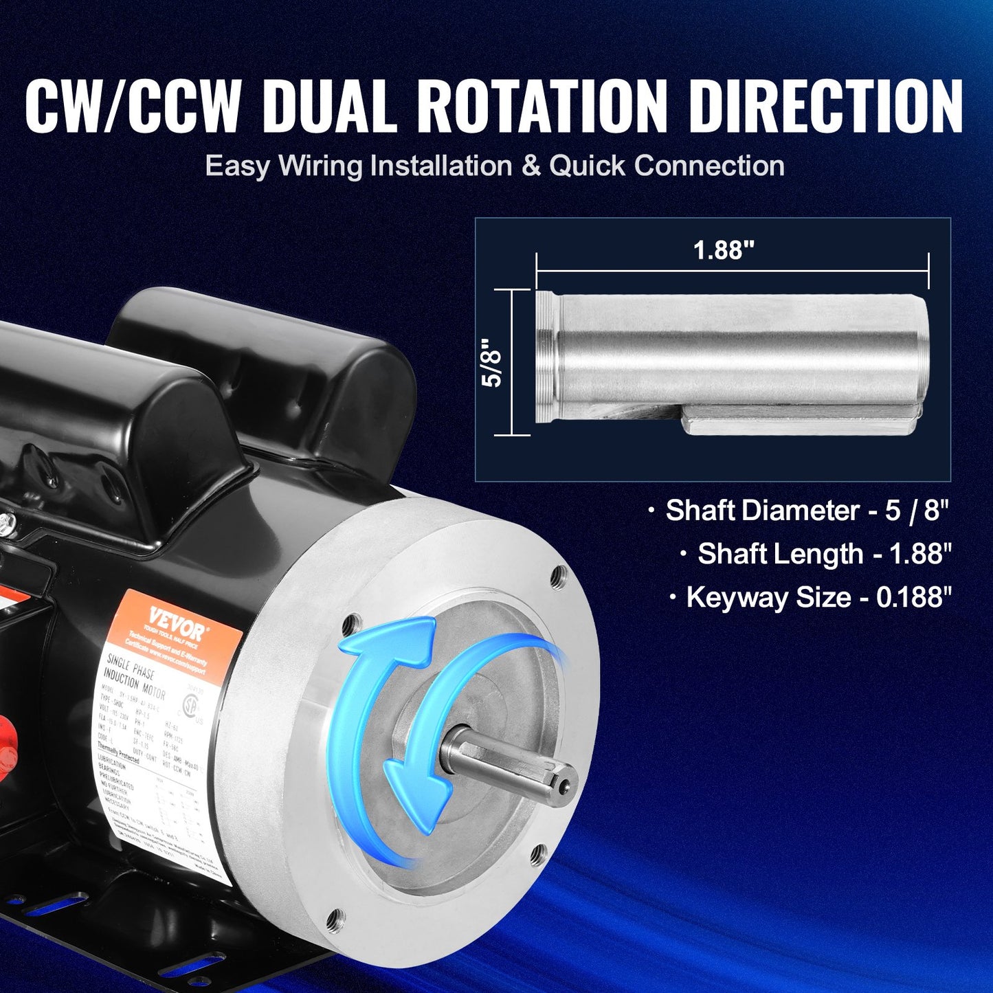 1.5HP Electric Motor 1725 rpm, AC 115V/230V, 56C Frame, Air Compressor Motor Single Phase, 5/8" Keyed Shaft, CW/CCW Rotation for Agricultural Machinery and General Equipment