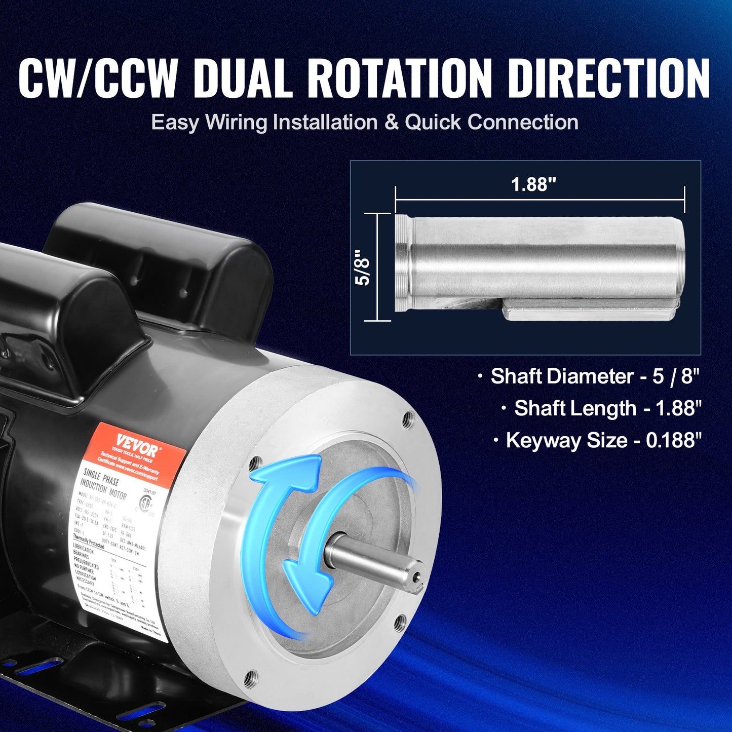 2HP Electric Motor 1725 rpm, AC 115V/230V, 56C Frame, Air Compressor Motor Single Phase, 5/8" Keyed Shaft, CW/CCW Rotation for Agricultural Machinery and General Equipment