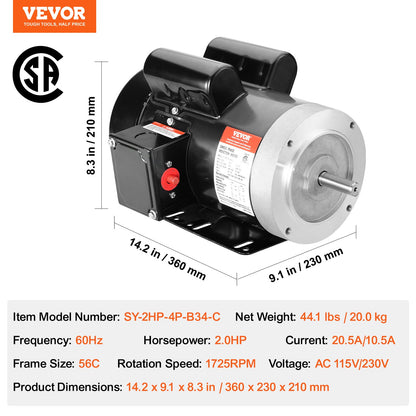 2HP Electric Motor 1725 rpm, AC 115V/230V, 56C Frame, Air Compressor Motor Single Phase, 5/8" Keyed Shaft, CW/CCW Rotation for Agricultural Machinery and General Equipment