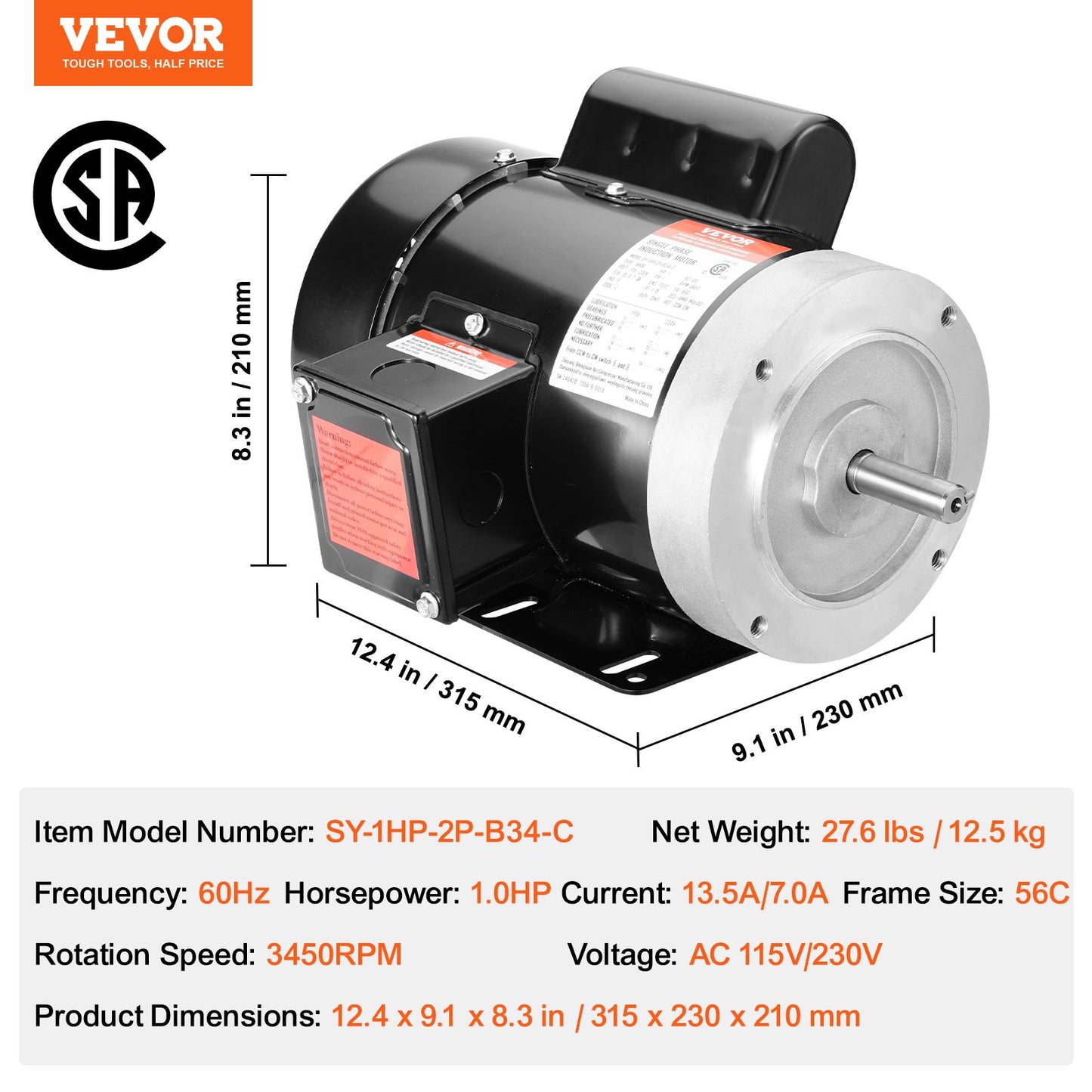 1HP Electric Motor 3450 rpm, AC 115V/230V, 56C Frame, Air Compressor Motor Single Phase, 5/8" Keyed Shaft, CW/CCW Rotation for Agricultural Machinery and General Equipment