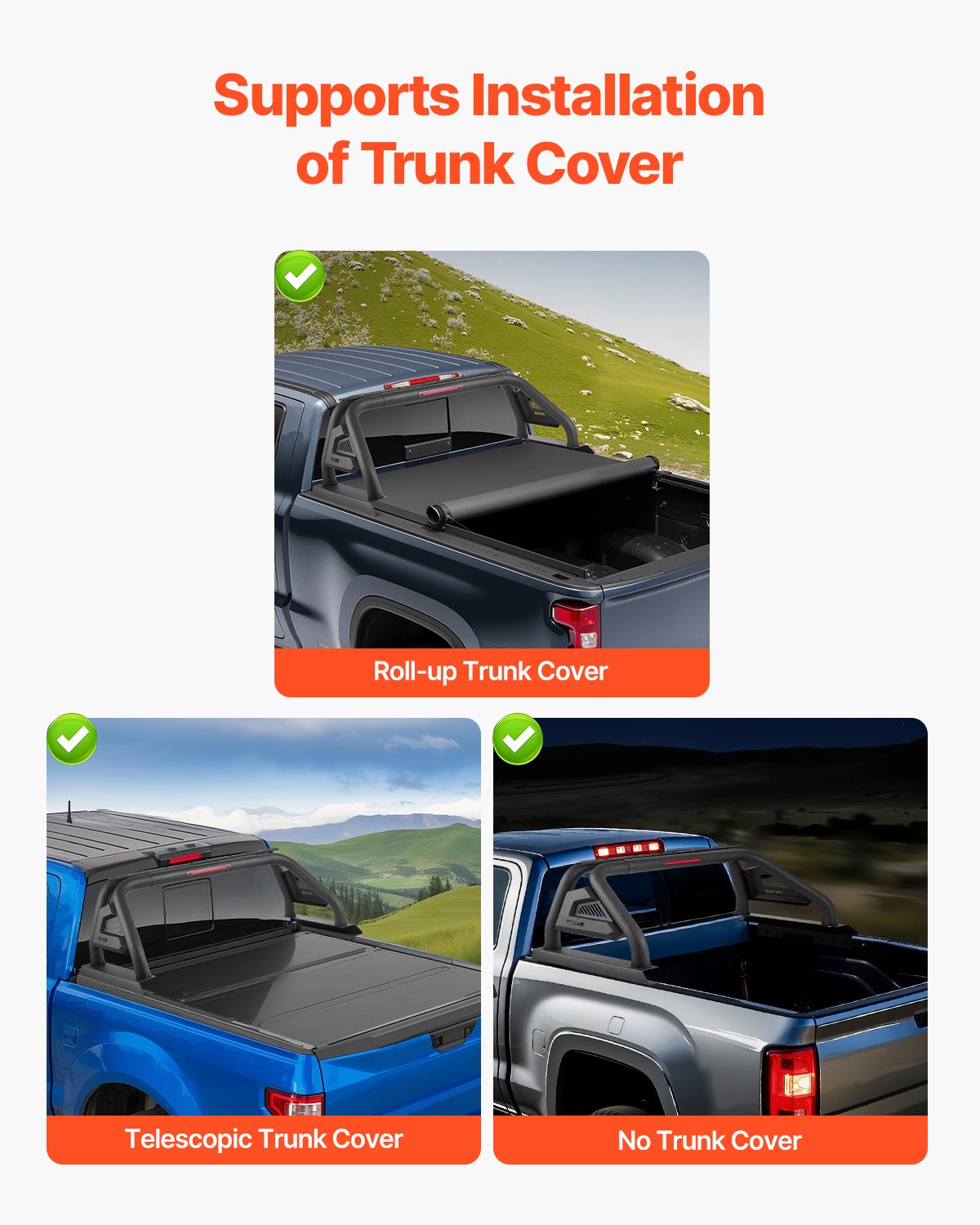 Truck Bed Roll Bar, Universal Pickup Sport Adjustable Bar Chase Rack Compatible with Mid-Size Truck, Carbon Steel Construction with LED Brake Light, No Rack Included