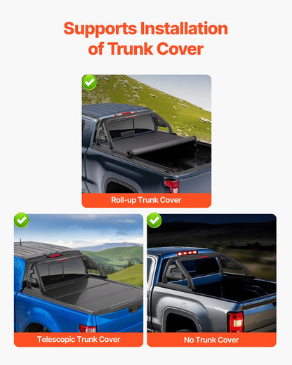 Truck Bed Roll Bar, Universal Pickup Sport Adjustable Bar Chase Rack Compatible with Mid-Size Truck, Carbon Steel Construction with LED Brake Light, No Rack Included