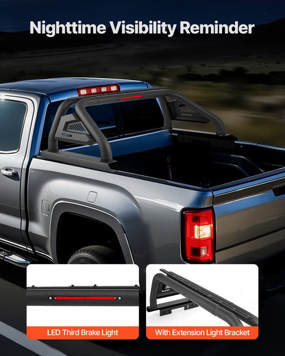 Truck Bed Roll Bar, Universal Pickup Sport Adjustable Bar Chase Rack Compatible with Mid-Size Truck, Carbon Steel Construction with LED Brake Light, No Rack Included