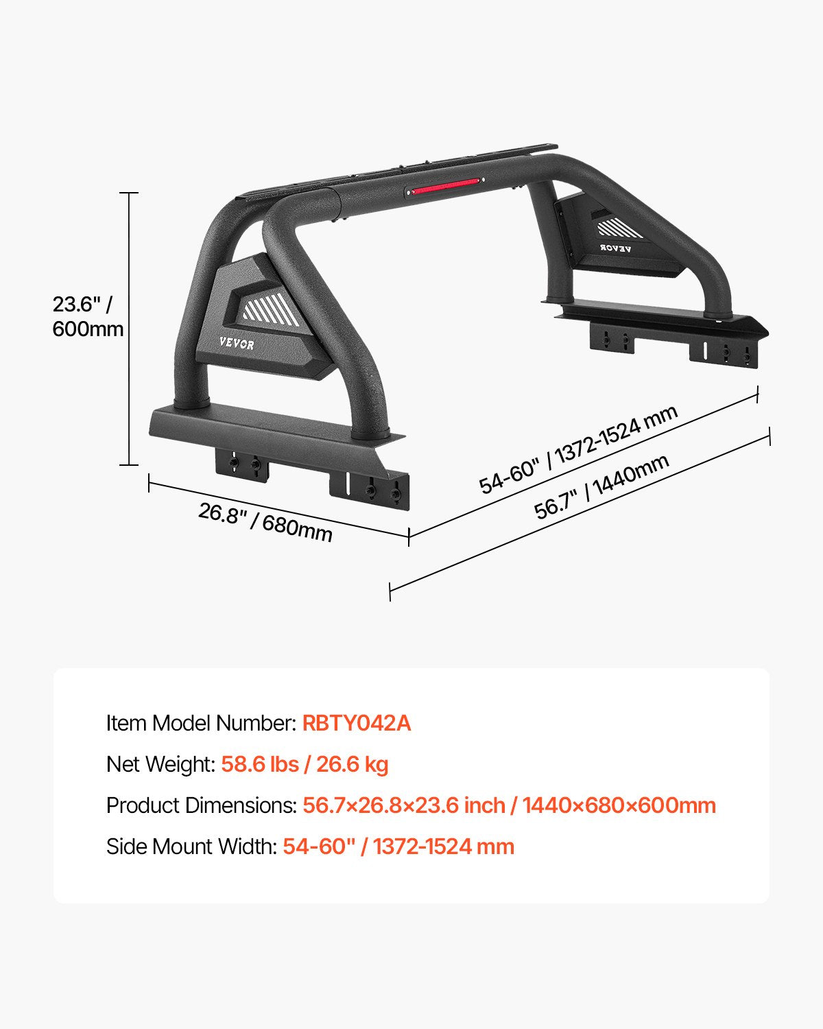 Truck Bed Roll Bar, Universal Pickup Sport Adjustable Bar Chase Rack Compatible with Mid-Size Truck, Carbon Steel Construction with LED Brake Light, No Rack Included