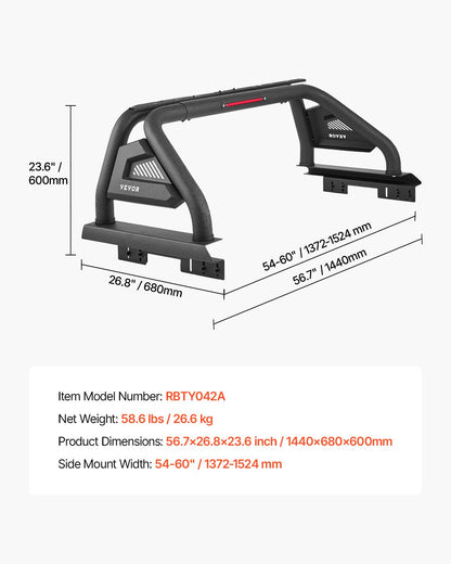 Truck Bed Roll Bar, Universal Pickup Sport Adjustable Bar Chase Rack Compatible with Mid-Size Truck, Carbon Steel Construction with LED Brake Light, No Rack Included