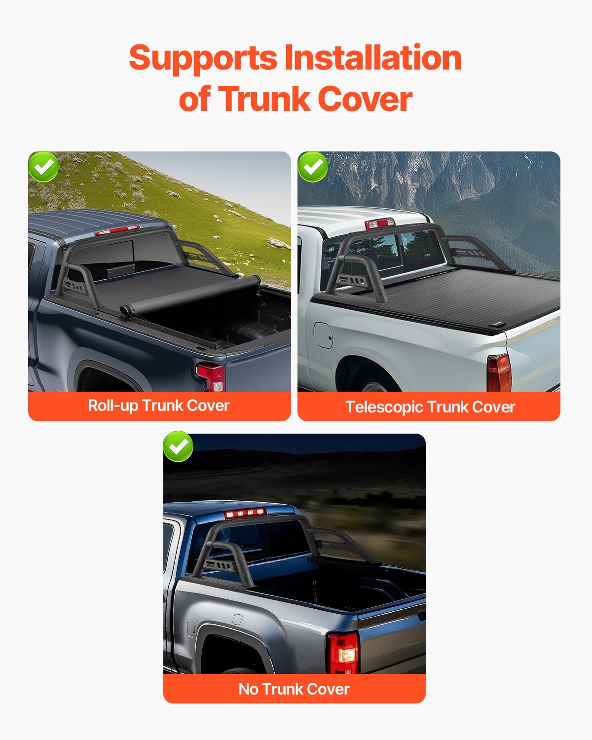 Truck Bed Roll Bar, Universal Pickup Sport Adjustable Bar Chase Rack Compatible with Full-Size Truck, Carbon Steel Construction with Extension Light Bracket, No Rack Included