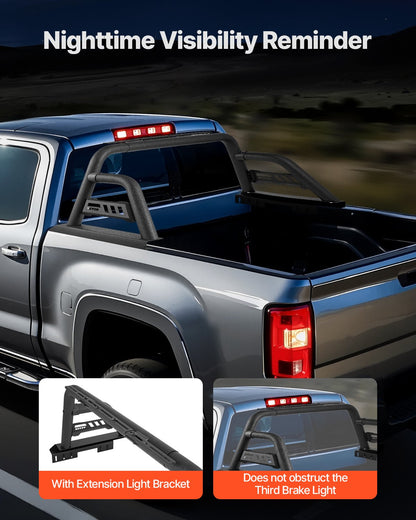 Truck Bed Roll Bar, Universal Pickup Sport Adjustable Bar Chase Rack Compatible with Full-Size Truck, Carbon Steel Construction with Extension Light Bracket, No Rack Included