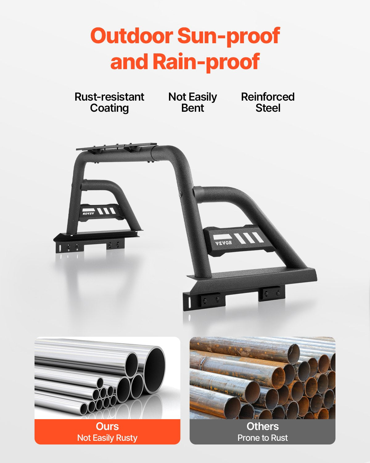 Truck Bed Roll Bar, Universal Pickup Sport Adjustable Bar Chase Rack Compatible with Full-Size Truck, Carbon Steel Construction with Extension Light Bracket, No Rack Included