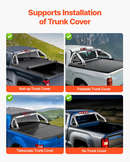 Truck Bed Roll Bar, Universal Adjustable Sport Bar Chase Rack Compatible with Full-Size & Mid-Size Pickup, With LED Brake Light, Stainless Steel + Carbon Steel No Rack Included