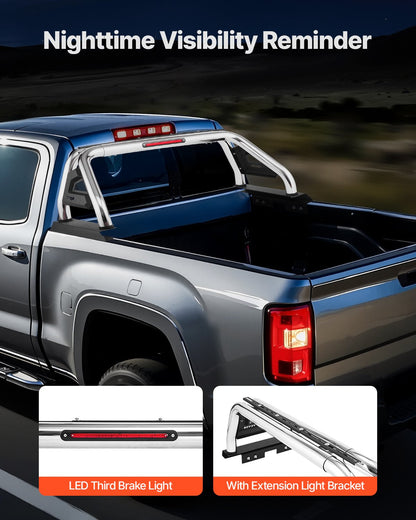 Truck Bed Roll Bar, Universal Adjustable Sport Bar Chase Rack Compatible with Full-Size & Mid-Size Pickup, With LED Brake Light, Stainless Steel + Carbon Steel No Rack Included