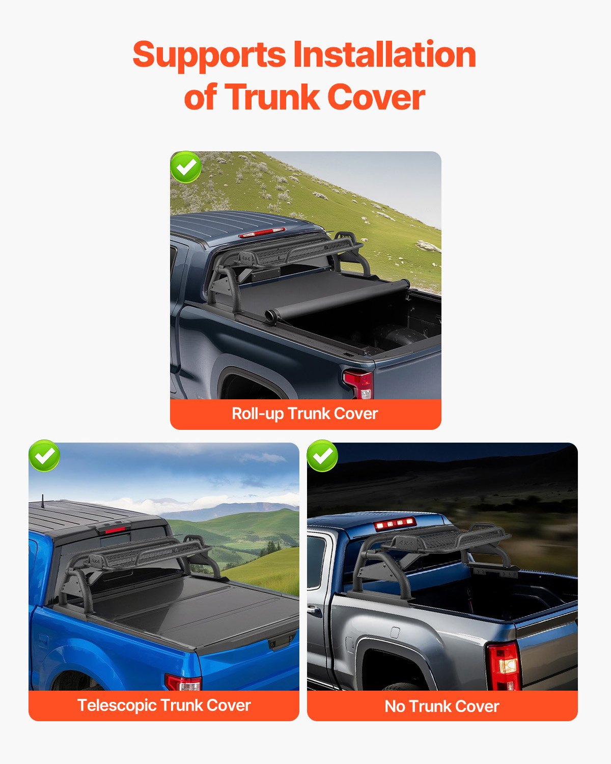 Truck Bed Roll Bar, Universal Adjustable Sport Bar Chase Rack, with Luggage Rack for Full-Size Pickup, Carbon Steel Construction with Extension Light Bracket, Rust-resistant Coating