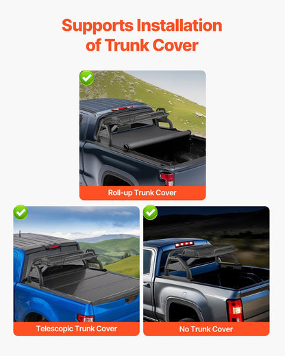 Truck Bed Roll Bar, Universal Adjustable Sport Bar Chase Rack, with Luggage Rack for Full-Size Pickup, Carbon Steel Construction with Extension Light Bracket, Rust-resistant Coating