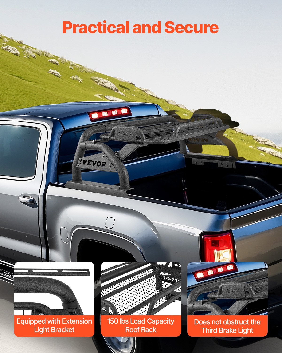 Truck Bed Roll Bar, Universal Adjustable Sport Bar Chase Rack, with Luggage Rack for Full-Size Pickup, Carbon Steel Construction with Extension Light Bracket, Rust-resistant Coating