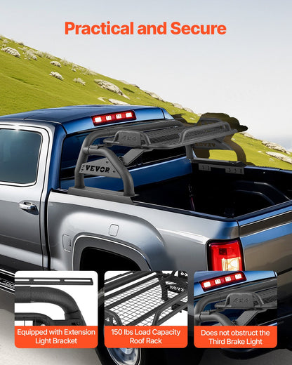 Truck Bed Roll Bar, Universal Adjustable Sport Bar Chase Rack, with Luggage Rack for Full-Size Pickup, Carbon Steel Construction with Extension Light Bracket, Rust-resistant Coating