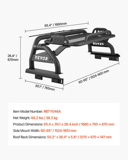 Truck Bed Roll Bar, Universal Adjustable Sport Bar Chase Rack, with Luggage Rack for Full-Size Pickup, Carbon Steel Construction with Extension Light Bracket, Rust-resistant Coating