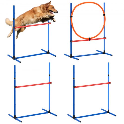 Dog Agility Training Equipment, 4 PCS Set - Adjustable High Hurdles and Jump Ring, Puppy Obstacle Course Jump Starter Kit with Poles Storage Bag for Backyard, Indoor, Outdoor