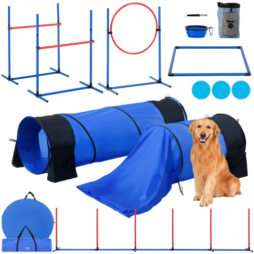 Dog Agility Training Equipment, 7 PCS Set w/ Adjustable High Hurdles,6 Weave Poles,2 Tunnels,Jump Ring,Pause Box,Whistle,Foldable Bowl,Puppy Obstacle Course Kit w/ 3 Bags