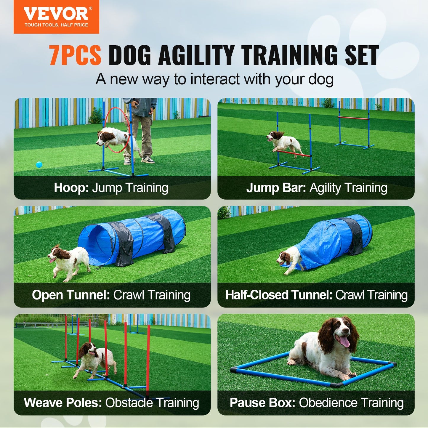 Dog Agility Training Equipment 7 PCS Set with Obstacles 2 Tunnels Jump Ring