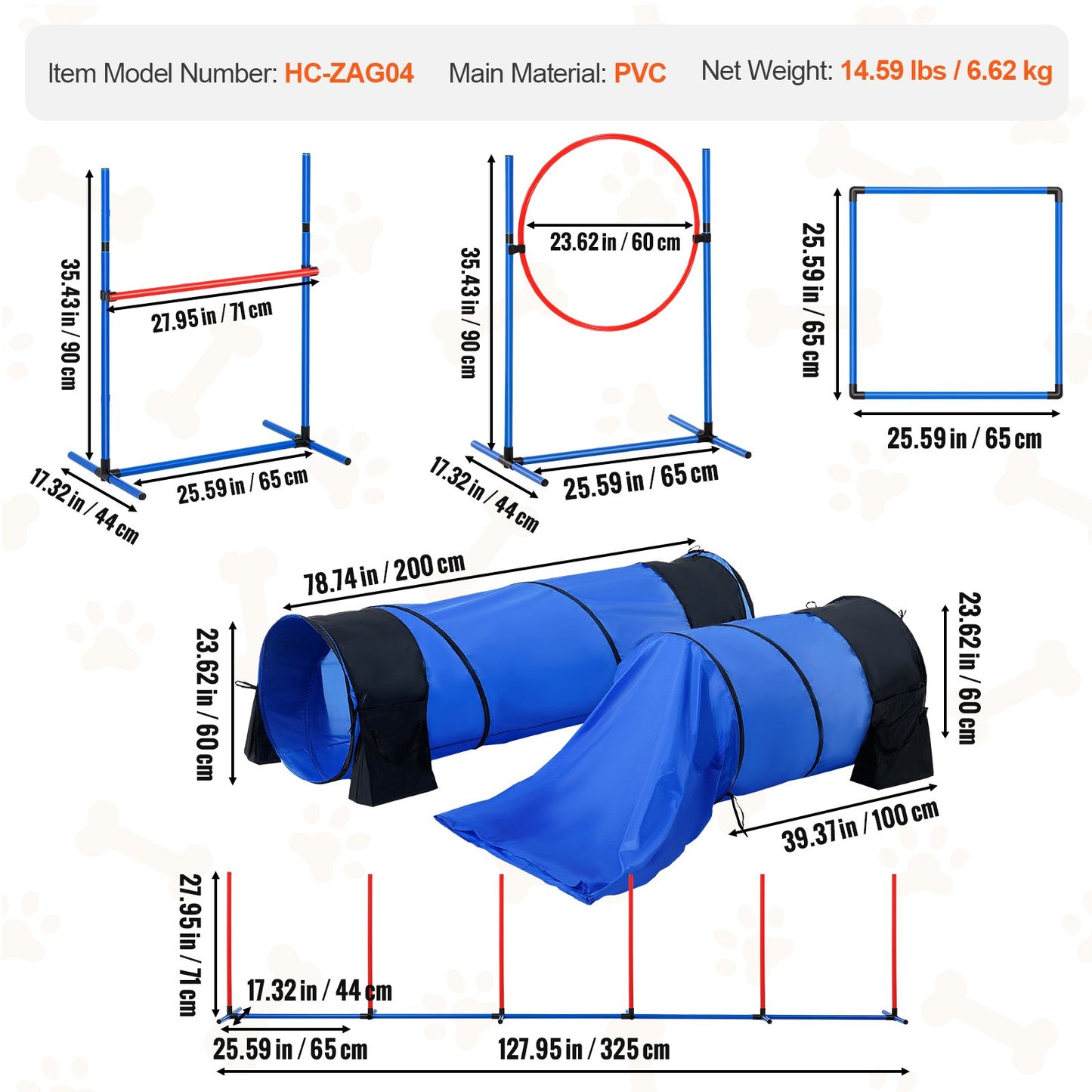 Dog Agility Training Equipment 7 PCS Set with Obstacles 2 Tunnels Jump Ring