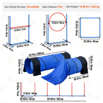 Dog Agility Training Equipment 7 PCS Set with Obstacles 2 Tunnels Jump Ring