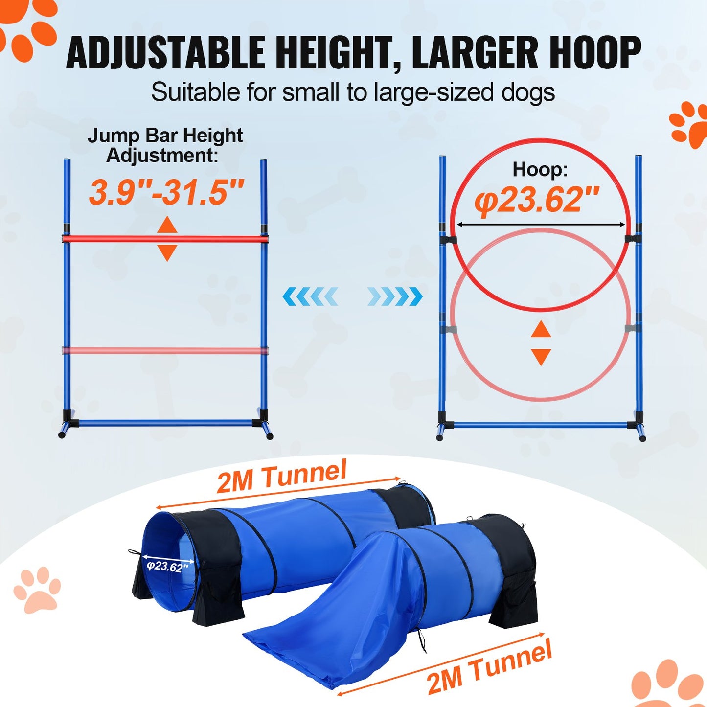 Dog Agility Training Equipment, 7 PCS Set w/ Adjustable High Hurdles,6 Weave Poles,2 Tunnels,Jump Ring,Pause Box,Whistle,Foldable Bowl,Puppy Obstacle Course Kit w/ 3 Bags