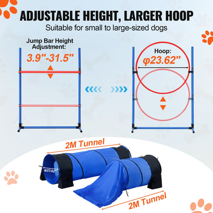 Dog Agility Training Equipment, 7 PCS Set w/ Adjustable High Hurdles,6 Weave Poles,2 Tunnels,Jump Ring,Pause Box,Whistle,Foldable Bowl,Puppy Obstacle Course Kit w/ 3 Bags
