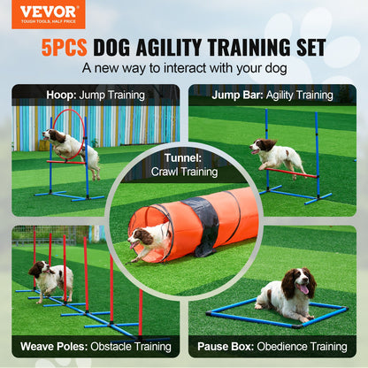 Dog Agility Training Equipment 5 PCS Upgrade w/ Hinders Extended Tunnel