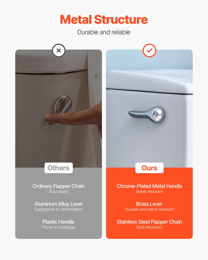 Toilet Handle Replacement Kit, Side Mount Universal Toilet Handle, Toilet Handle Lever with Stainless Steel Flapper Chain, Toilet Flush Handle Fits Various Toilet Tanks, Chrome Finish, Silver