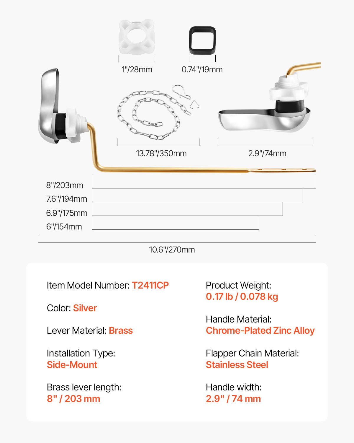 Toilet Handle Replacement Kit, Side Mount Universal Toilet Handle, Toilet Handle Lever with Stainless Steel Flapper Chain, Toilet Flush Handle Fits Various Toilet Tanks, Chrome Finish, Silver