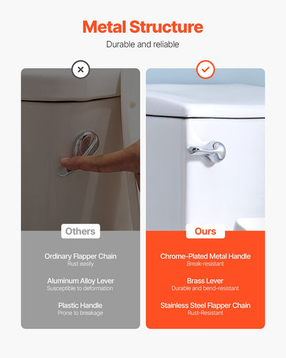 Toilet Handle Replacement Kit, Front Mount Universal Toilet Handle, Toilet Handle Lever with Stainless Steel Flapper Chain, Toilet Flush Handle Fits Various Toilet Tanks, Chrome Finish, Silver