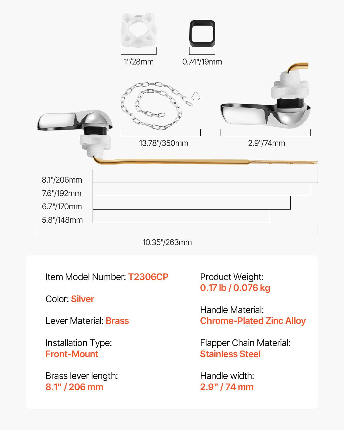 Toilet Handle Replacement Kit, Front Mount Universal Toilet Handle, Toilet Handle Lever with Stainless Steel Flapper Chain, Toilet Flush Handle Fits Various Toilet Tanks, Chrome Finish, Silver