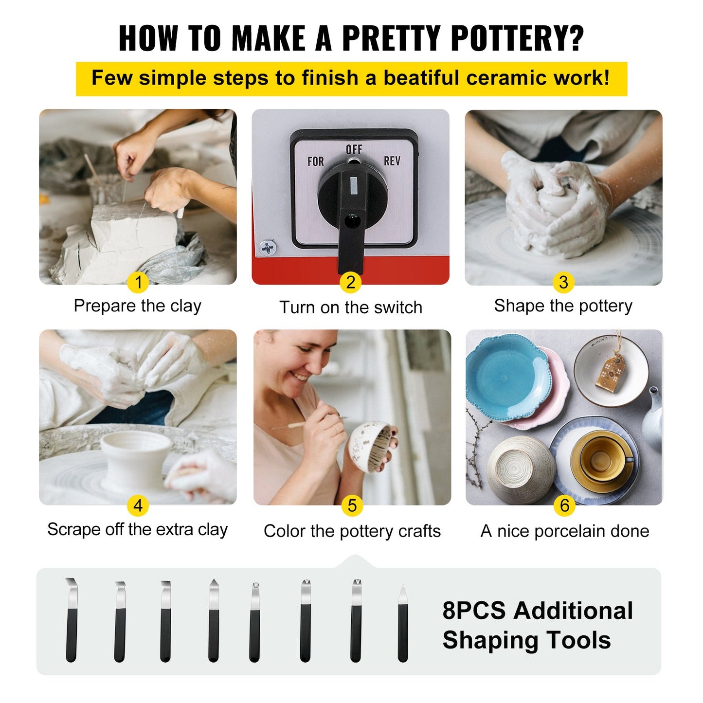 Electric Pottery Wheel Ceramic Machine 25cm Pottery Wheel Machine 280W Pottery DIY Kit with Molding Tool Set for Pottery Work Pottery Clay