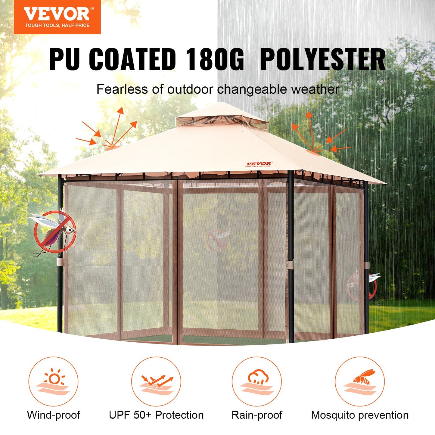 Patio Gazebo för 6-8 personer, 10 x 10 FT Backyard Gazebo, med myggnät, metallram och PU-belagd 180G polyester, utomhustakskydd för uteplats, bakgård, gräsmatta, trädgård, däck