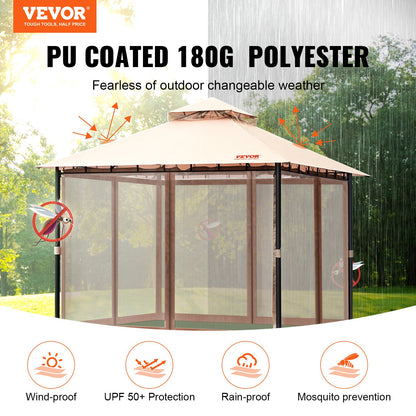 Patio Gazebo för 6-8 personer, 10 x 10 FT Backyard Gazebo, med myggnät, metallram och PU-belagd 180G polyester, utomhustakskydd för uteplats, bakgård, gräsmatta, trädgård, däck